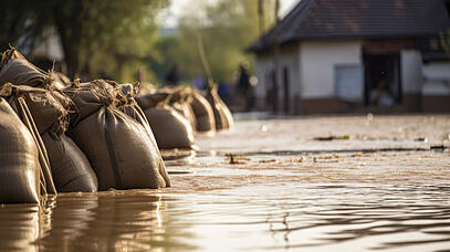 Am linken Bildrand liegen durchnässte Sandsäcke. Am rechten Bildrand steht braunes Wasser. Im Hintergrund steht ein Haus.