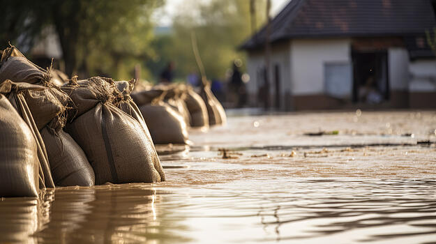 Am linken Bildrand liegen durchnässte Sandsäcke. Am rechten Bildrand steht braunes Wasser. Im Hintergrund steht ein Haus.